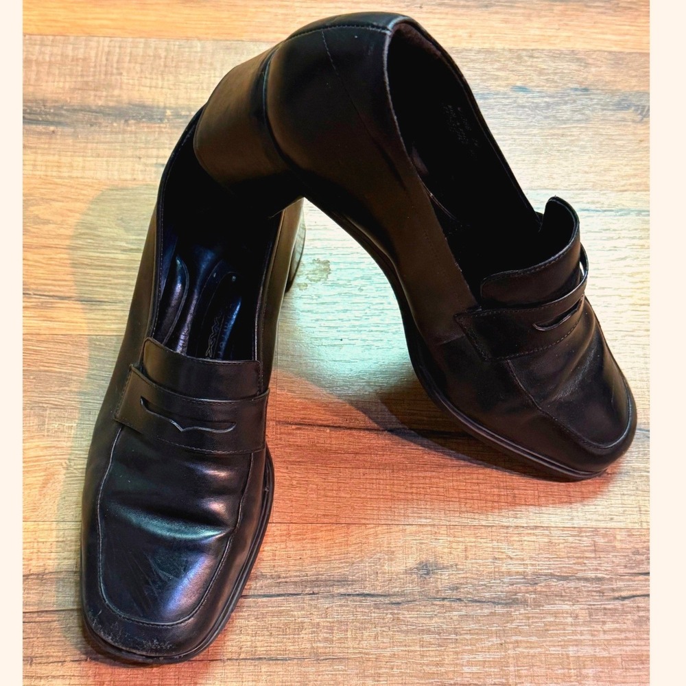 Vintage Block Heel Penny Loafers Black Leather Square Toe Cushion Size 7